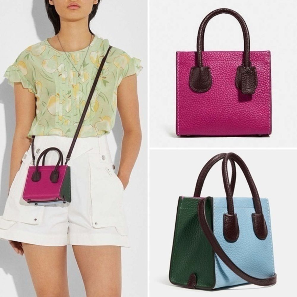NWT COACH Cashin Carry Tote 14 Colorblock Cerise Pink Blue Green Leather Bag 746